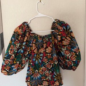 Olivaceous Multicolor Floral Off-Shoulder Blouse with Puff Sleeves